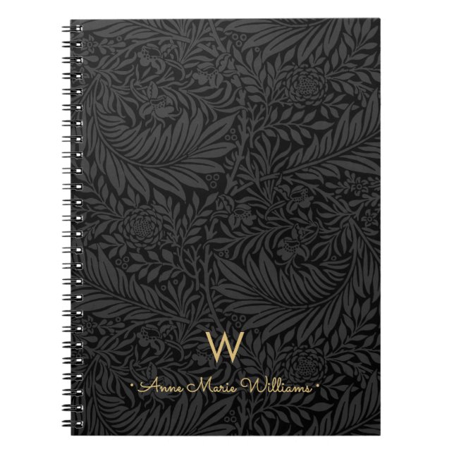 Elegant Gold Monogram Name Black Floral Pattern Notizblock (Vorderseite)