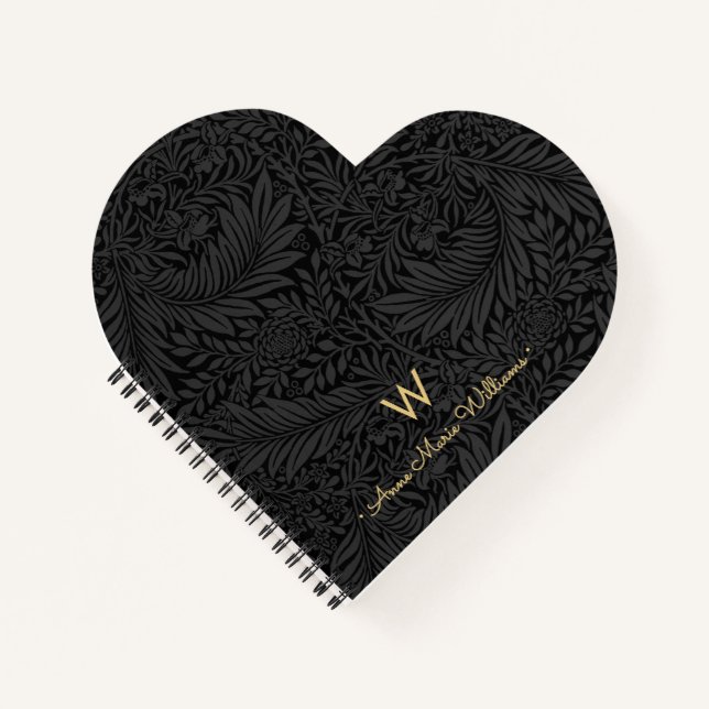 Elegant Gold Monogram Name Black Floral Pattern Notizbuch (Vorderseite)