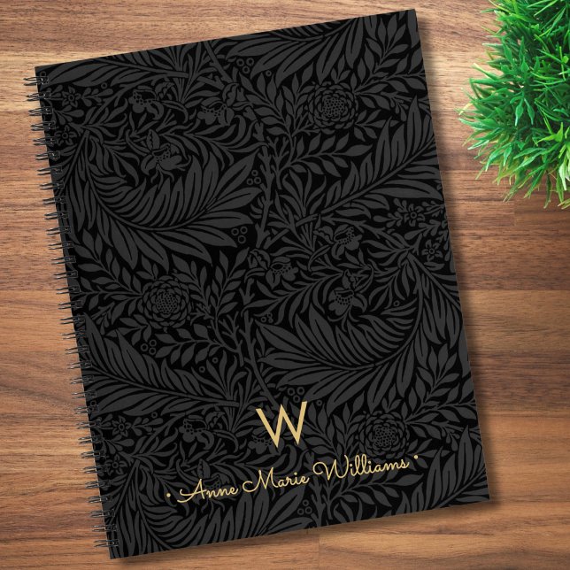 Elegant Gold Monogram Name Black Floral Pattern Notizbuch (Von Creator hochgeladen)