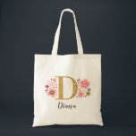 Elegant Gold Monogram Name Rosa Floral Tragetasche<br><div class="desc">Eine wunderschöne, mit Monogramm, rosafarbene Totentasche mit rosa Blume und einem Imitat goldenen monogramm Buchstaben "D". Personalisieren Sie den Totbeutel, indem Sie Ihren Namen unter das Monogramm tragen. Macht ein lustiges Geschenk für einen Freund oder für eine Brautjungfrau. Finden Sie Ihr erstes Monogramm im Shop. Entworfen für Sie von BlackBerry...</div>