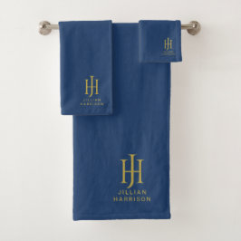 Elegant Gold Monogram Navy Blue Badhandtuch Set