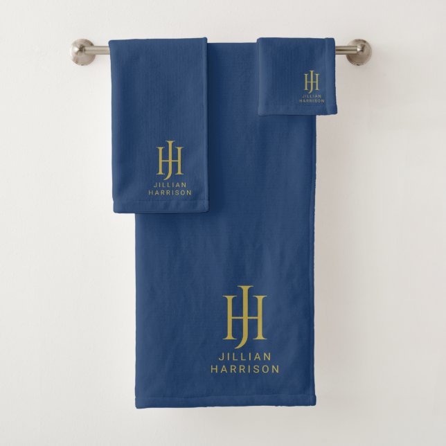 Elegant Gold Monogram Navy Blue Badhandtuch Set (Insitu)