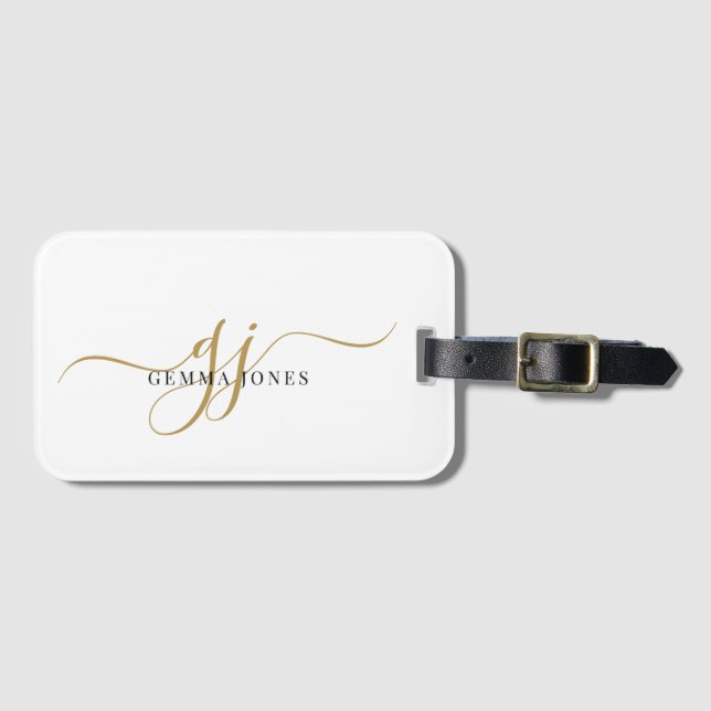 Elegant Gold Monogram White Luggage Tag Gepäckanhänger (Vorderseite (Horizontal))