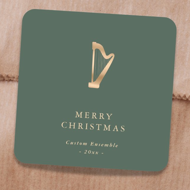 Elegant Gold Music Harp Christmas Green Quadratischer Aufkleber (Von Creator hochgeladen)