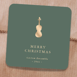 Elegant Gold Music Violin Christmas Green Quadratischer Aufkleber
