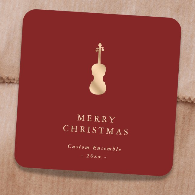 Elegant Gold Music Violin Christmas Red Quadratischer Aufkleber (Von Creator hochgeladen)
