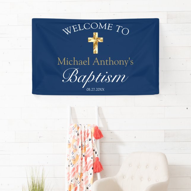 Elegant Gold Navy Baby Taufe Willkommen Banner (Insitu)