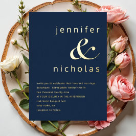 Elegant Gold Navy Blue Ampersand Hochzeit Folieneinladung