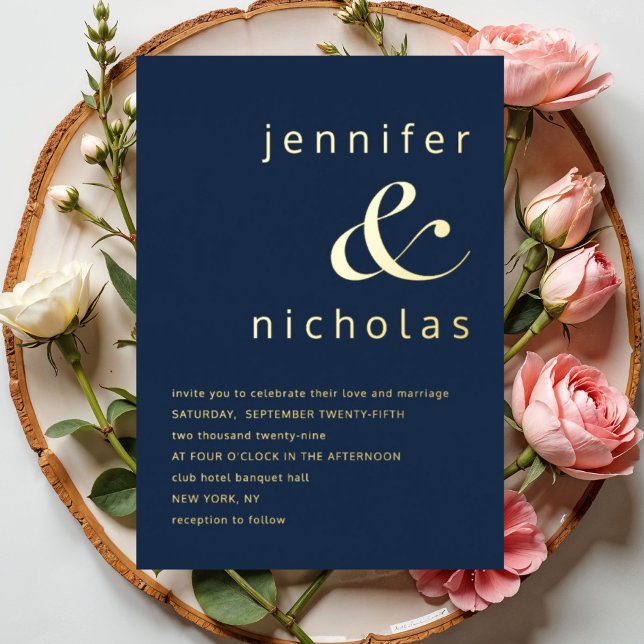 Elegant Gold Navy Blue Ampersand Hochzeit Folieneinladung (Elegant Navy Blue Ampersand Wedding Gold Foil Invitation)