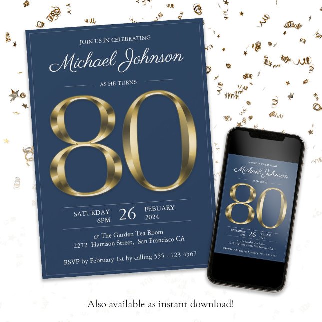 Elegant Gold Navy Blue Classy 80th Birthday Party Einladung (80th Eightieth Gold Text Navy Blue Classy Birthday Invitation)