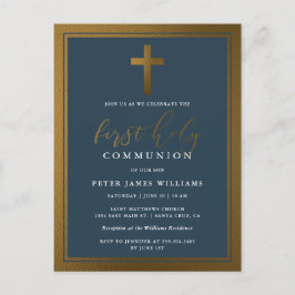 Elegant Gold & Navy Blue First Holy Communion Einladungspostkarte
