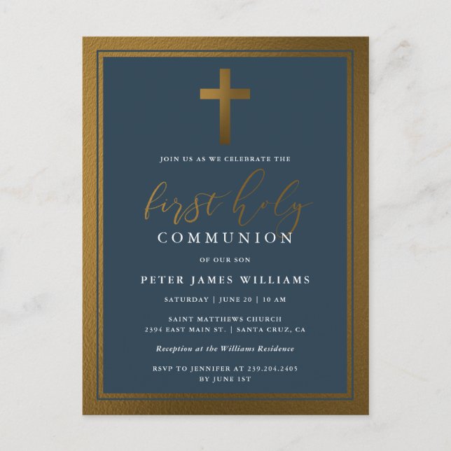 Elegant Gold & Navy Blue First Holy Communion Einladungspostkarte (Vorderseite)