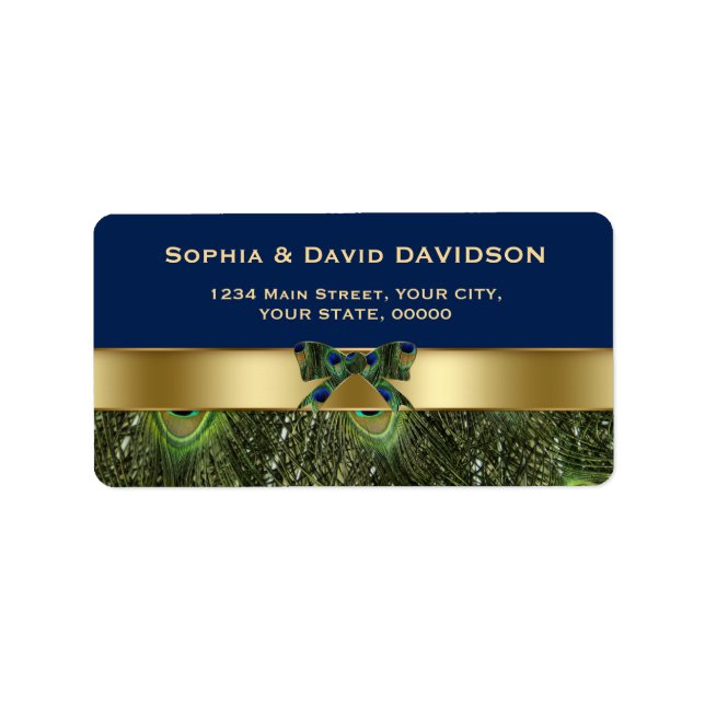 Elegant Gold Navy Blue Peacock Feathers Wedding Adressaufkleber (Vorne)