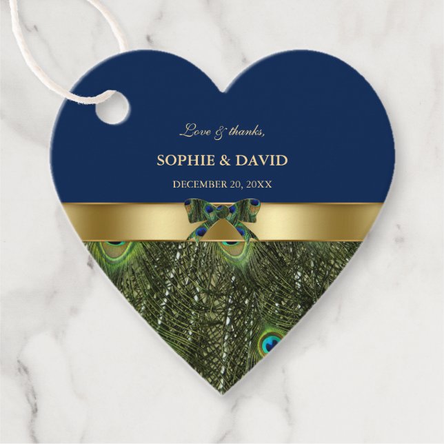 Elegant Gold Navy Blue Peacock Feathers Wedding Geschenkanhänger (Vorderseite)