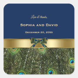 Elegant Gold Navy Blue Peacock Feathers Wedding Quadratischer Aufkleber