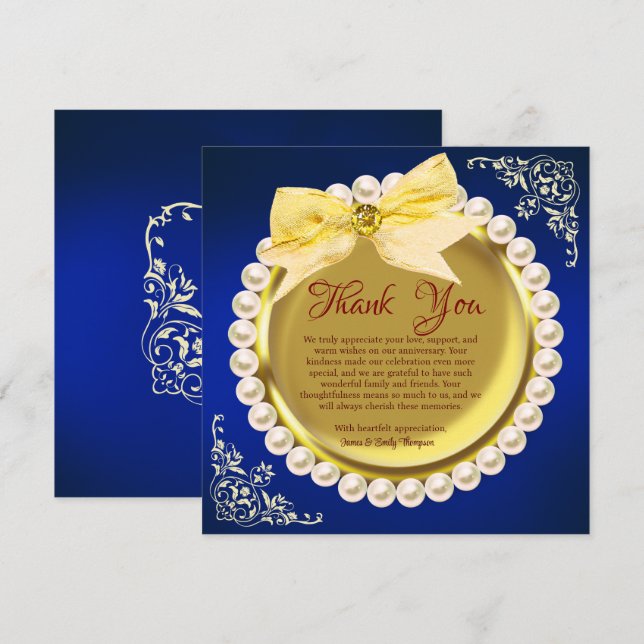 Elegant Gold Navy Blue Pearl Wedding Anniversary Dankeskarte (Vorne/Hinten)