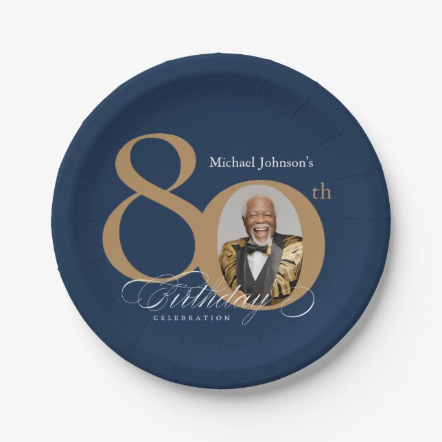 Elegant Gold Navy Blue Photo 80th Birthday Pappteller (Vorderseite)
