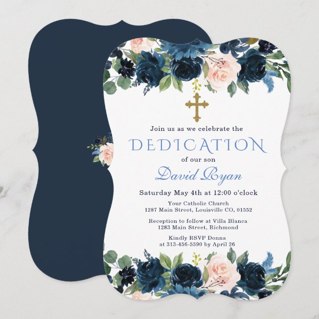 Elegant Gold Navy Blue Pink Floral Dedication Einladung (Vorne/Hinten)