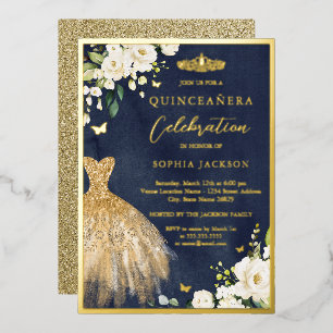 Elegant Gold Navy Floral Tiara Kleid Quinceanera Folieneinladung