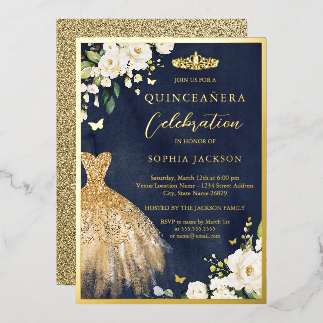 Elegant Gold Navy Floral Tiara Kleid Quinceanera Folieneinladung (Vorderseite/Rückseite)