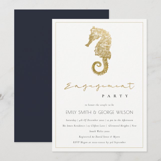 ELEGANT GOLD NAVY SEEPFERD ENGAGEMENT PARTEI EINLA DANKESKARTE (Vorne/Hinten)
