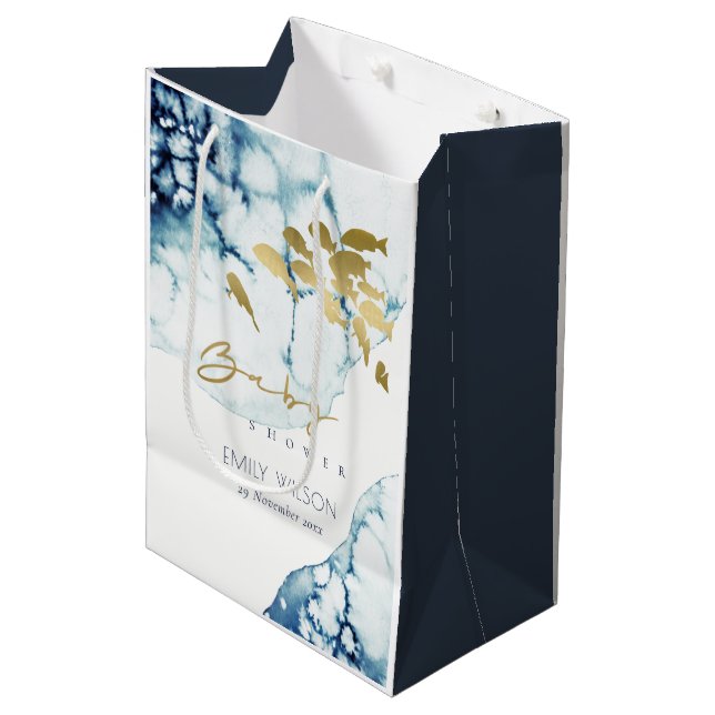 ELEGANT GOLD NAVY UNTERWASSER FISH BABY DUSCHE MITTLERE GESCHENKTÜTE (Vorderseite Schrägansicht)
