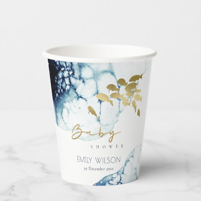 ELEGANT GOLD NAVY UNTERWASSER FISH BABY DUSCHE PAPPBECHER (Vorderseite)