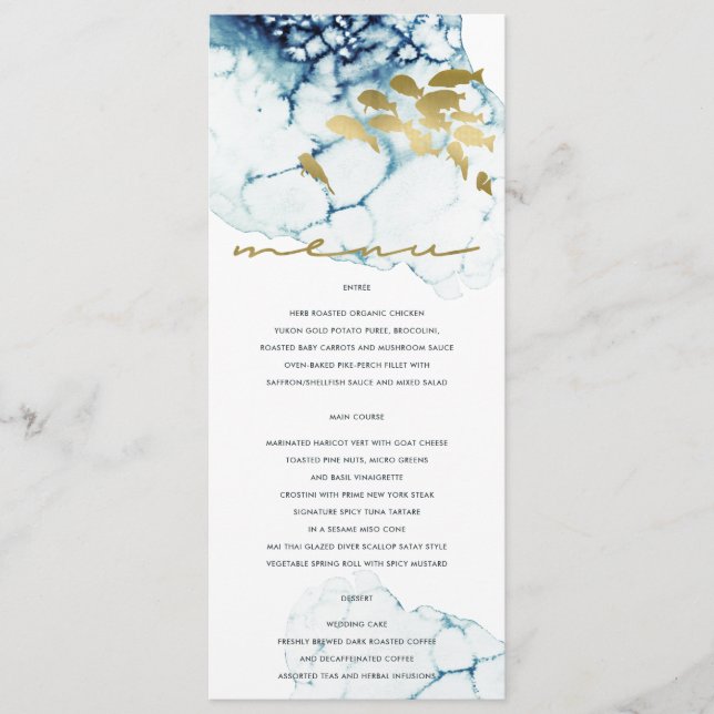 ELEGANT GOLD NAVY UNTERWASSER-MEERESFISCHWEDEN MENÜKARTE (Vorderseite)