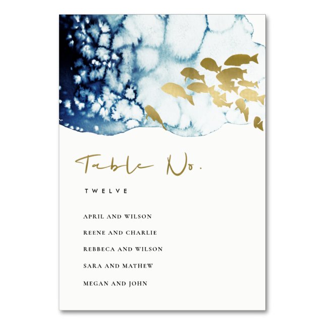 ELEGANT GOLD NAVY UNTERWASSER-MEERESFISCHWEDEN TISCHNUMMER (Vorderseite)