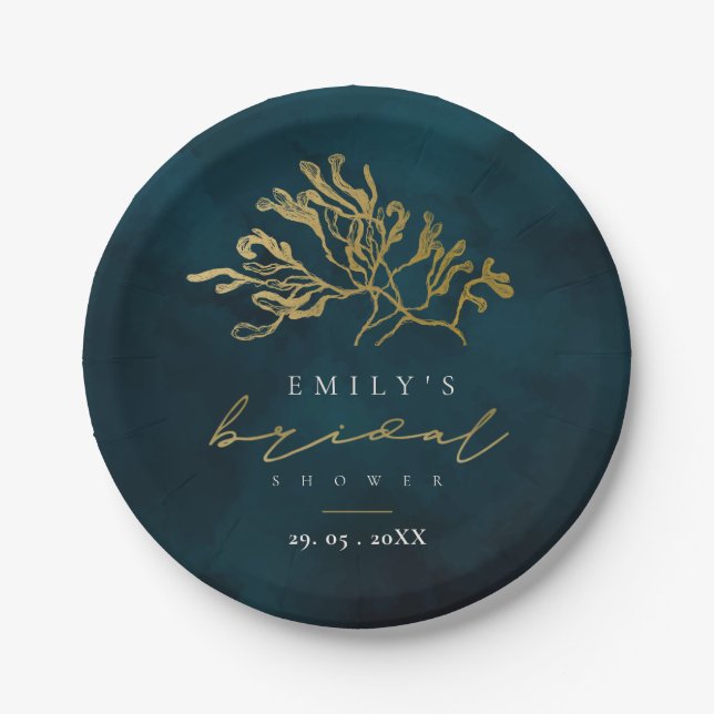 ELEGANT GOLD NAVY UNTERWASSER MEERESWEED BRAUTPART PAPPTELLER (Vorderseite)