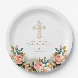 Elegant Gold Ornate Cross Floral Baptism Pappteller