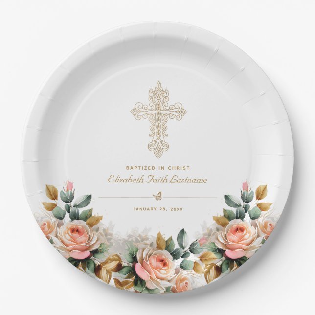 Elegant Gold Ornate Cross Floral Baptism Pappteller (Vorderseite)