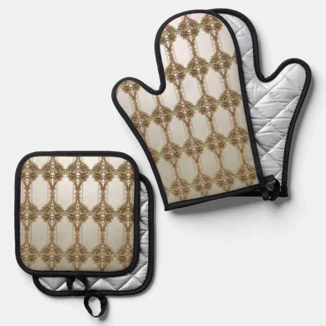 Elegant Gold Ornate Ofenhandschuh & Topflappen-Set (Vorderseite/Rückseite)