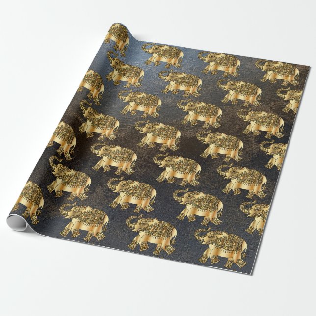 Elegant Gold Paisley Bläserelefant, Lederlook Geschenkpapier (Ungerollt)
