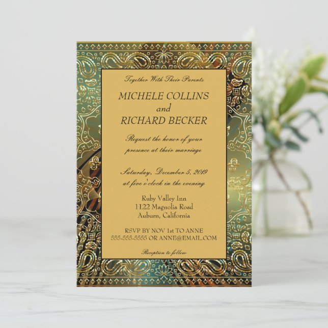 Elegant Gold Paisley Einladung (Stehend Vorderseite)