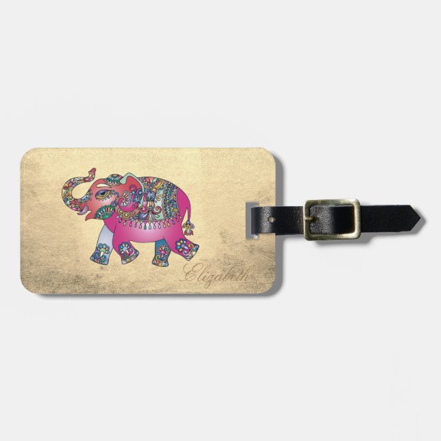 Elegant Gold, Paisley Elephant - Personalisiert Gepäckanhänger (Vorderseite horizontal)