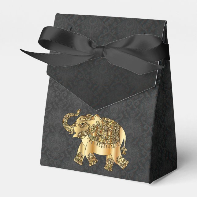 Elegant Gold Paisley Floral Elephant, Black Damask Geschenkschachtel (Vorderseite)