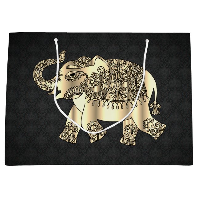 Elegant Gold Paisley Floral Elephant, Black Damask Große Geschenktüte (Vorderseite)