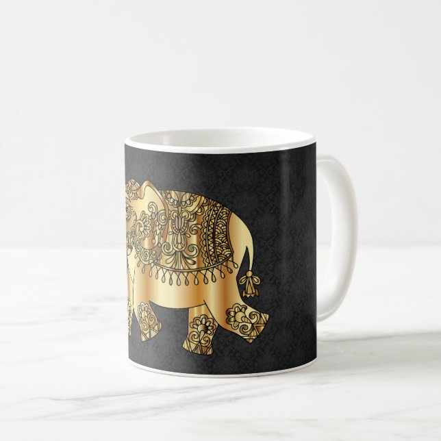 Elegant Gold Paisley Floral Elephant, Black Damask Kaffeetasse (VorderseiteRechts)