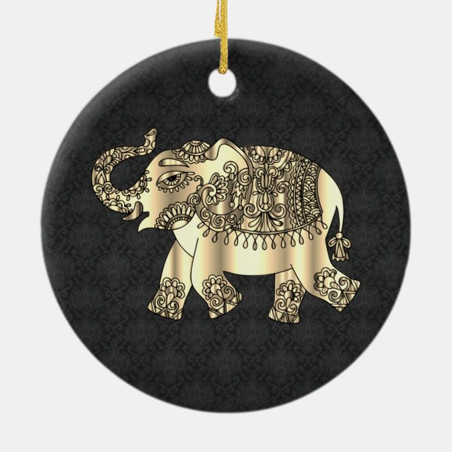 Elegant Gold Paisley Floral Elephant, Black Damask Keramik Ornament (Hinten)