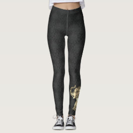 Elegant Gold Paisley Floral Elephant, Black Damask Leggings