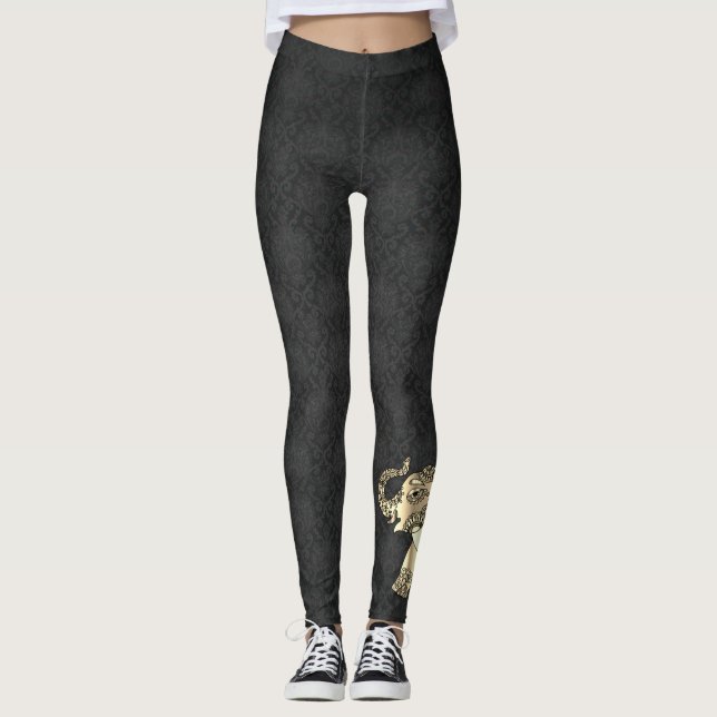 Elegant Gold Paisley Floral Elephant, Black Damask Leggings (Vorderseite)