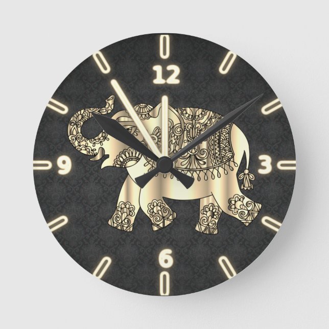 Elegant Gold Paisley Floral Elephant, Black Damask Runde Wanduhr (Vorderseite)