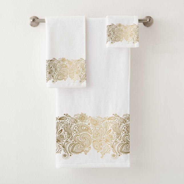 Elegant Gold Paisley Floral Stripe Badhandtuch Set (Insitu)