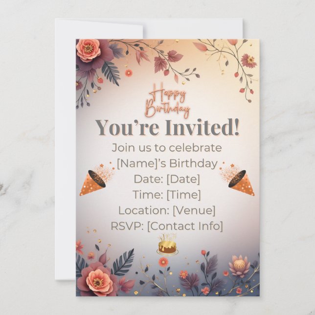  Elegant Gold & Pastel Birthday Invitation | Moder Einladung (Vorderseite)