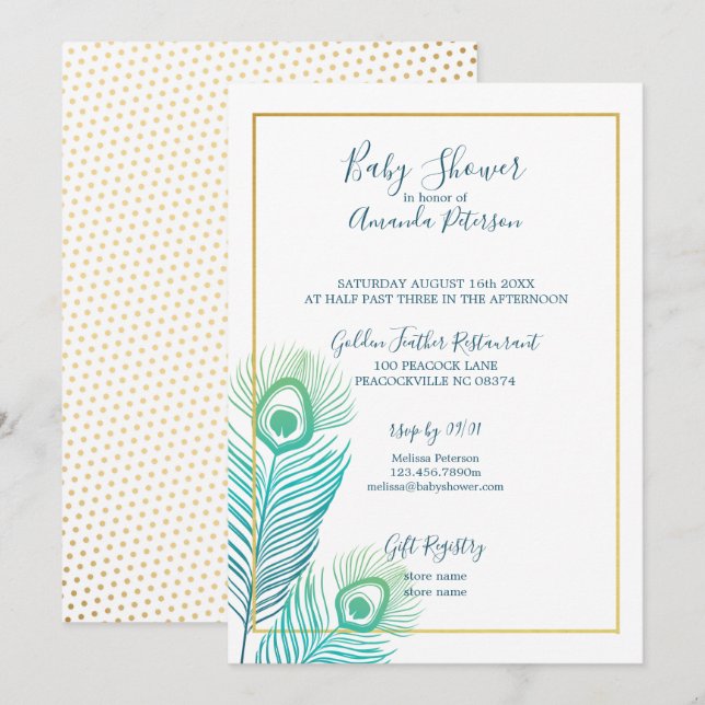 Elegant Gold Peacock Baby Shower Einladungen (Vorne/Hinten)