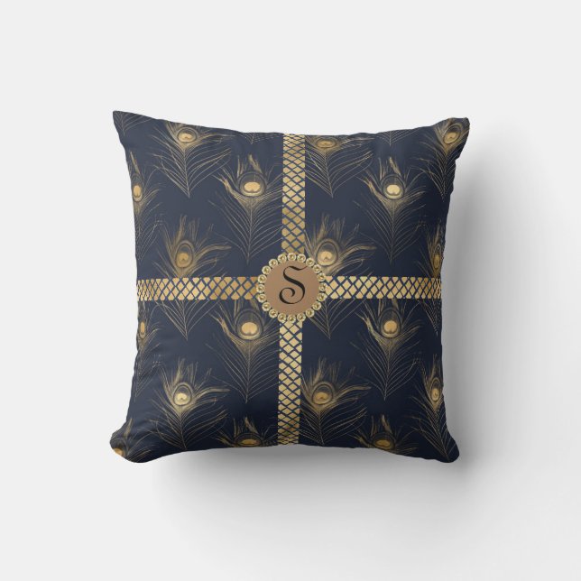 Elegant Gold Peacock Blue Monogram Bling Glam Kissen (Vorderseite)