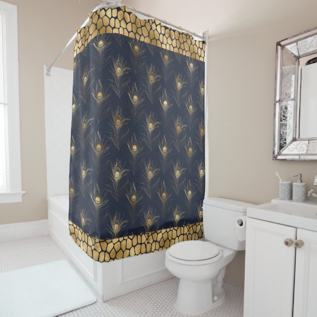 Elegant Gold Peacock Navy Blue Print Stilvoll Duschvorhang (Beispiel)