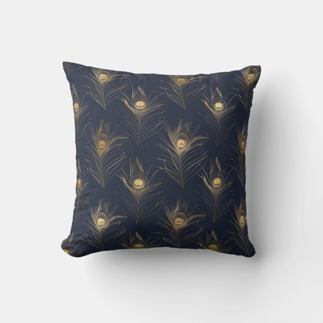 Elegant Gold Peacock Navy Blue Print Stilvoll Kissen (Vorderseite)