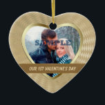 Elegant Gold Photo Template Our First Valentine Keramikornament<br><div class="desc">This elegant ornament features your special photograph within a shiny gold heart shaped frame against a pretty gold geometric pattern background. Your text is in light gold on a dark antique gold banner that is framed in thin gold. The back of the ornament has a heart shaped field with more...</div>